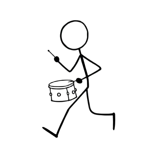 Hand-drawn stick figure marching with a snare drum